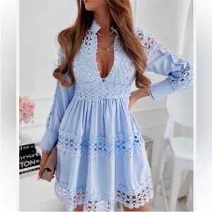 Russel Rainey Blue Dress Mini Long Sleeve Lace Embroidered size Medium